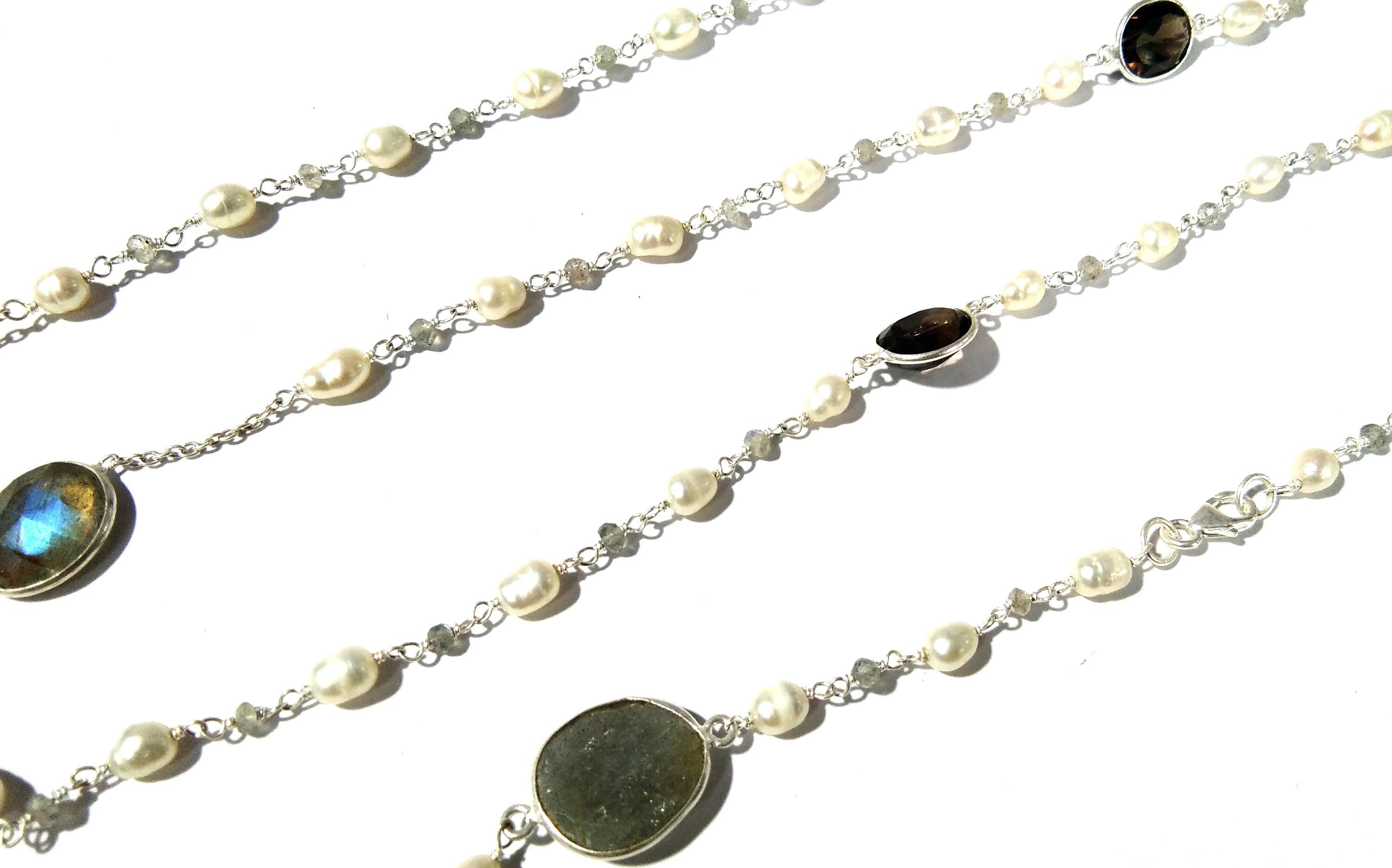 36'' Inch Log Beaded Necklace ! Lebradorite Necklace With Pearl & Smoky Quartz, 925 Sterling Silver Jewelry, Handmade Beaded Necklace.